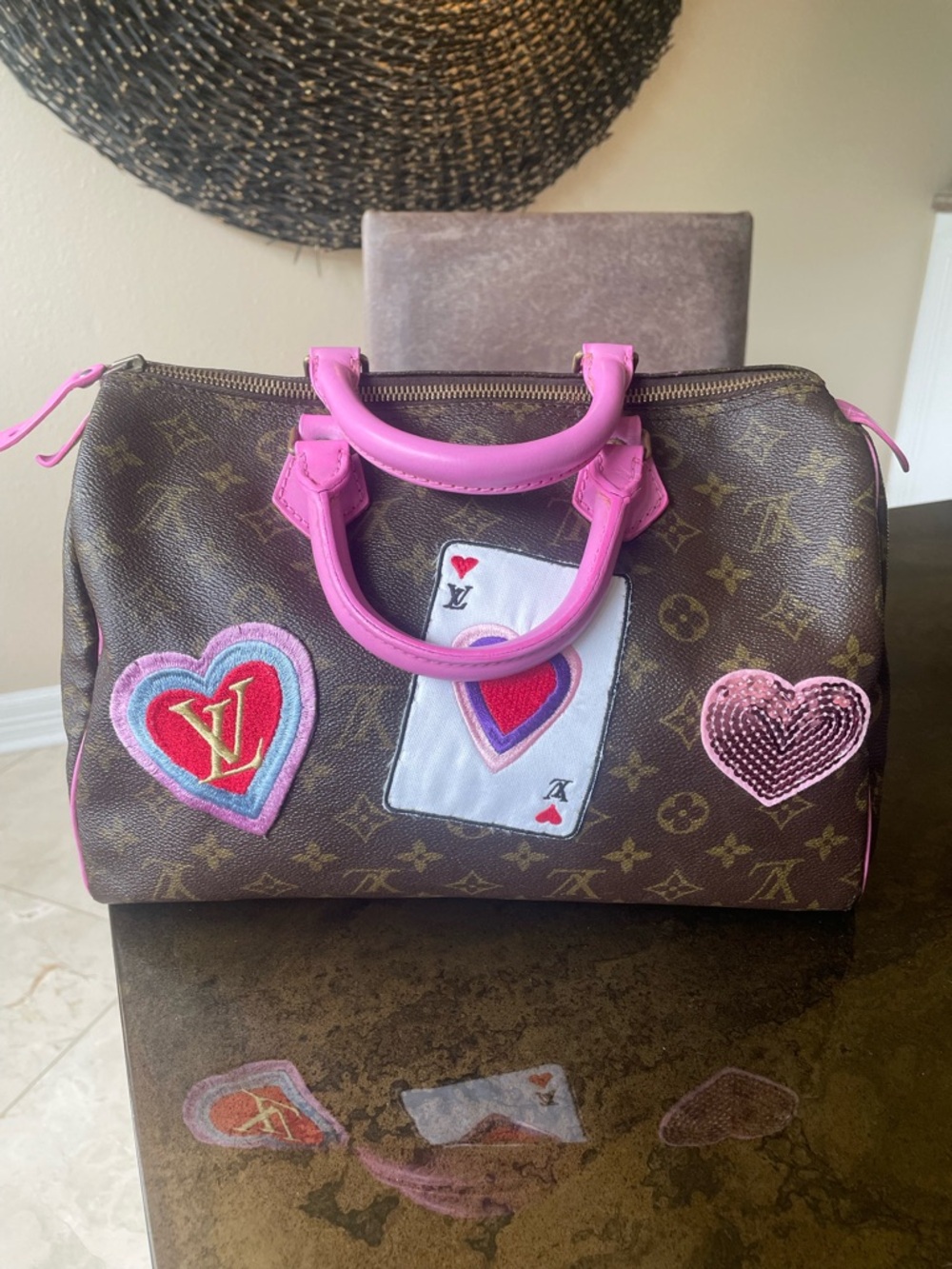 ❤️pending❤️Custom patch and paint speedy 30 vintage pink card heart lilac